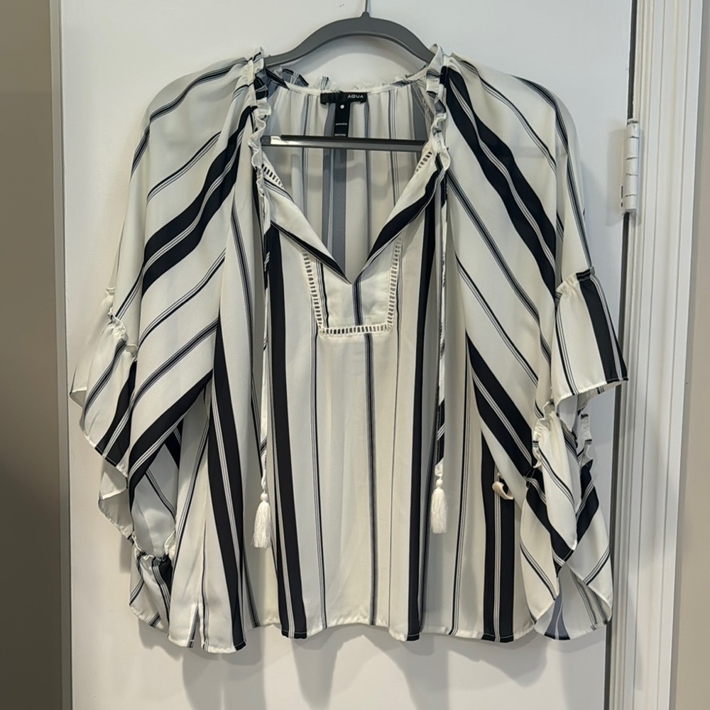 Aqua Black & White Striped Tassel Peasant Tunic